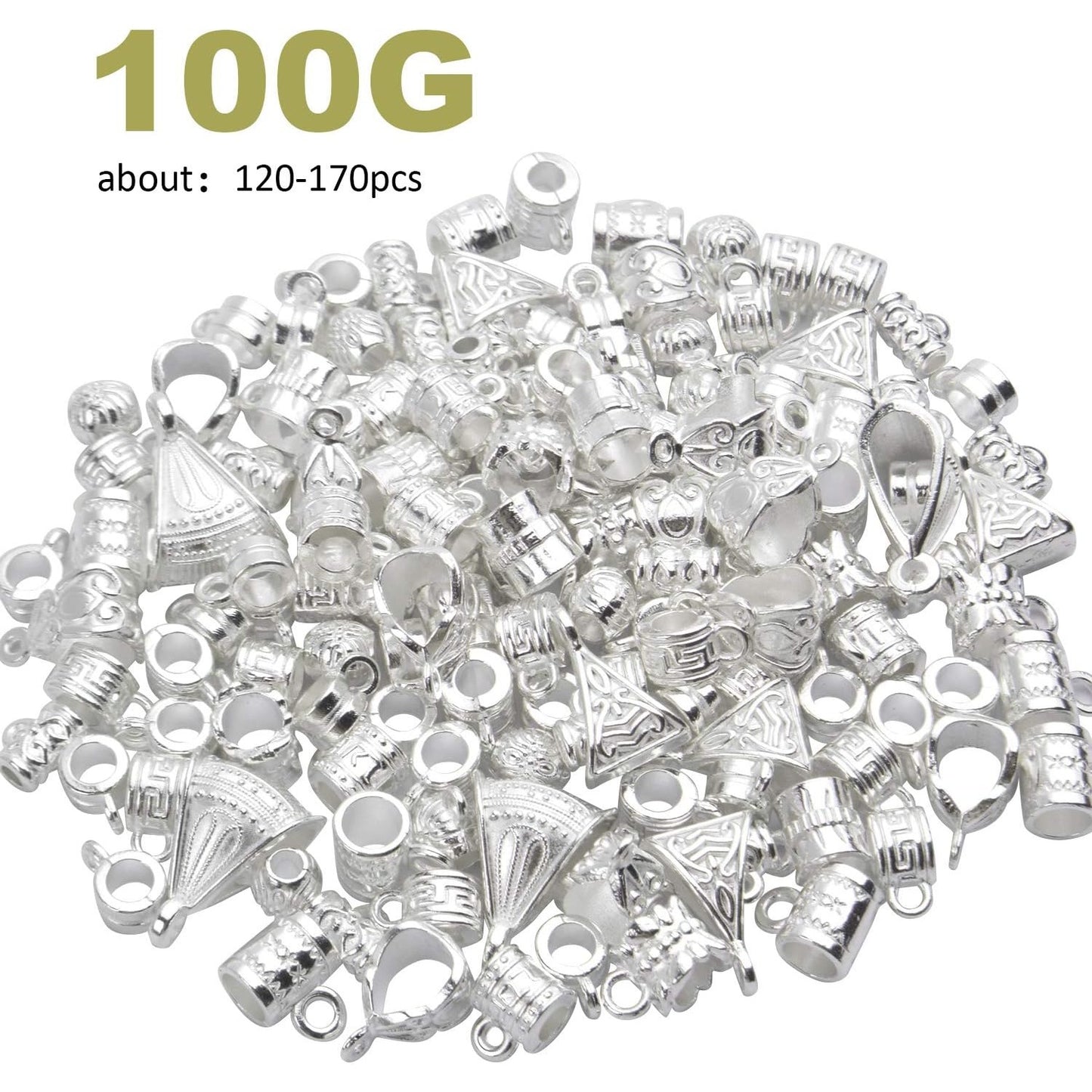 100g (About 120-170pcs) Mixed Bright Silver Bail Beads,Spacer Bead,Bail Tube Beads,Bracelet Charms,Necklace Pendants for Jewelry and Craft Making