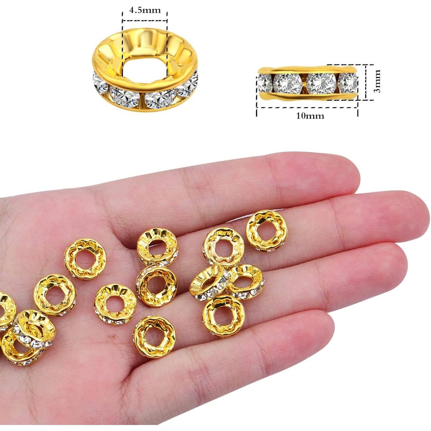 100pcs 10 mm Golden Plated Rhinestone Spacer Beads Large Hole European Rondelle Beads Round Shiny Crystal Loose Beads for DIY Bracelet Necklace Jewelry Making