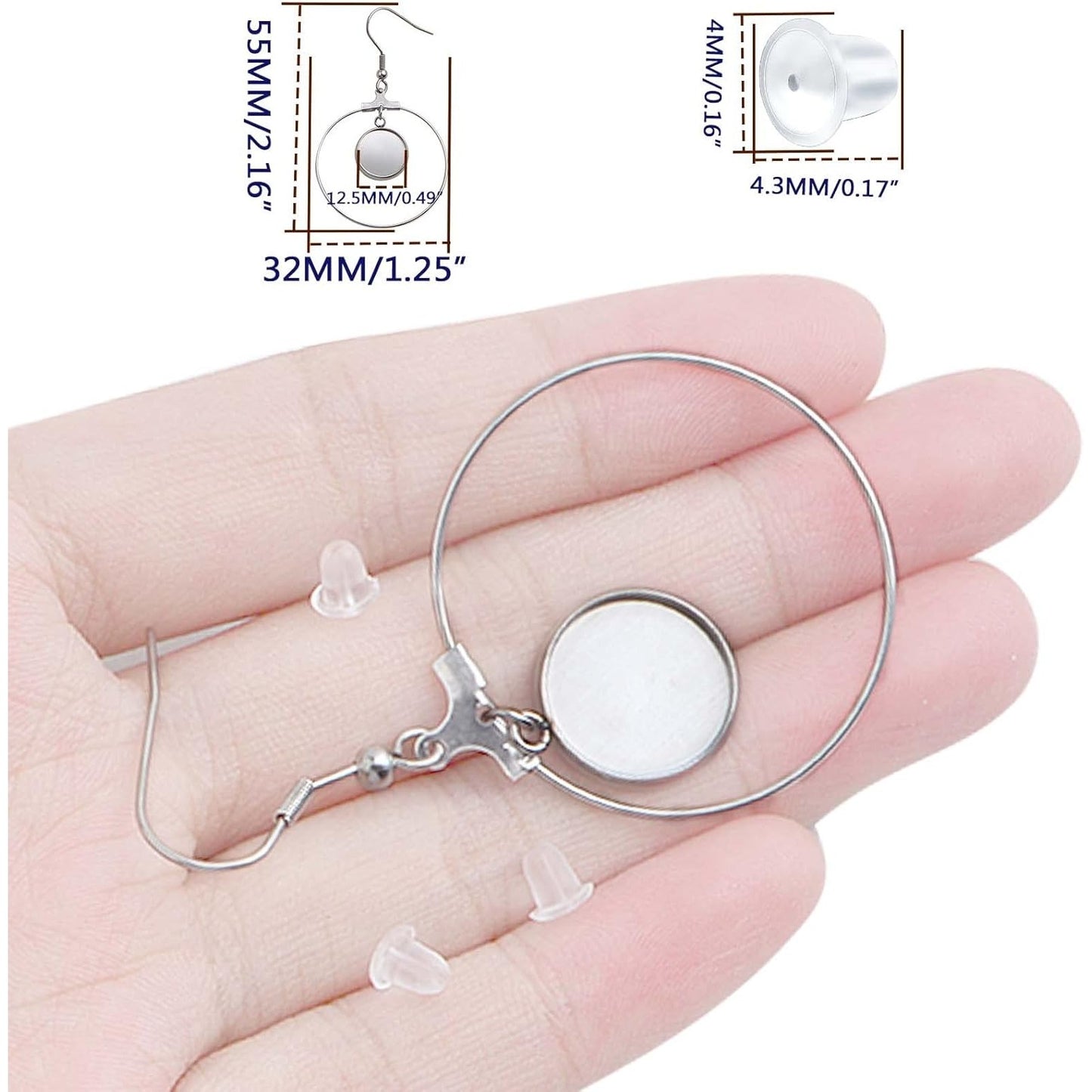 20pcs 12mm Stainless Steel Earring Bezel Trays Hypoallergenic French Ear Wire Hooks Earring Blank Bezels with 20pcs Clear Earring Safety Backs for DIY Dangle Jewelry Making Supplies
