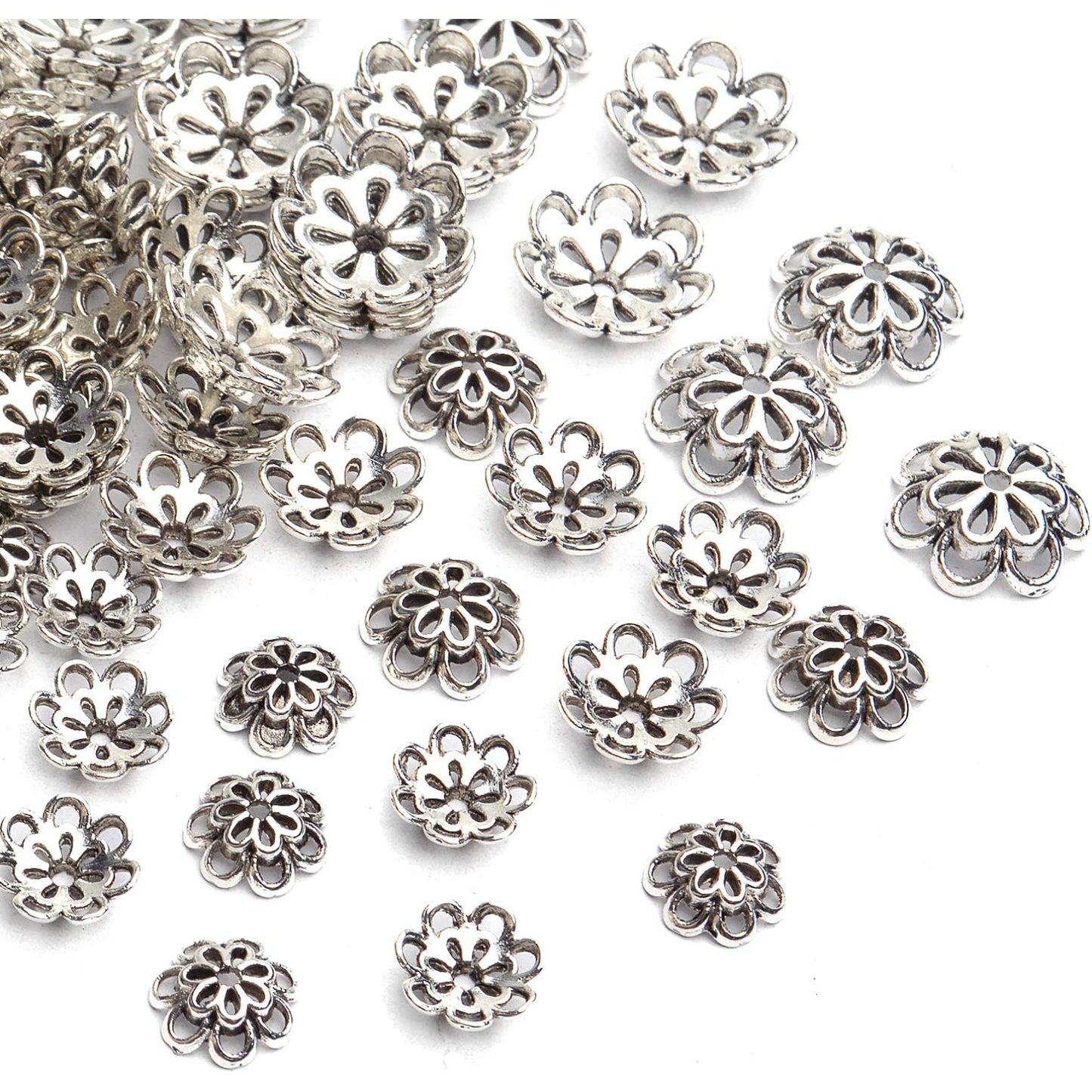 Hollow Double Flower Bead Caps - 120pcs Alloy Spacers for Jewelry Making, DIY Crafts, Bracelets, Necklaces - Antique Silver, 10mm, 12mm, 15mm