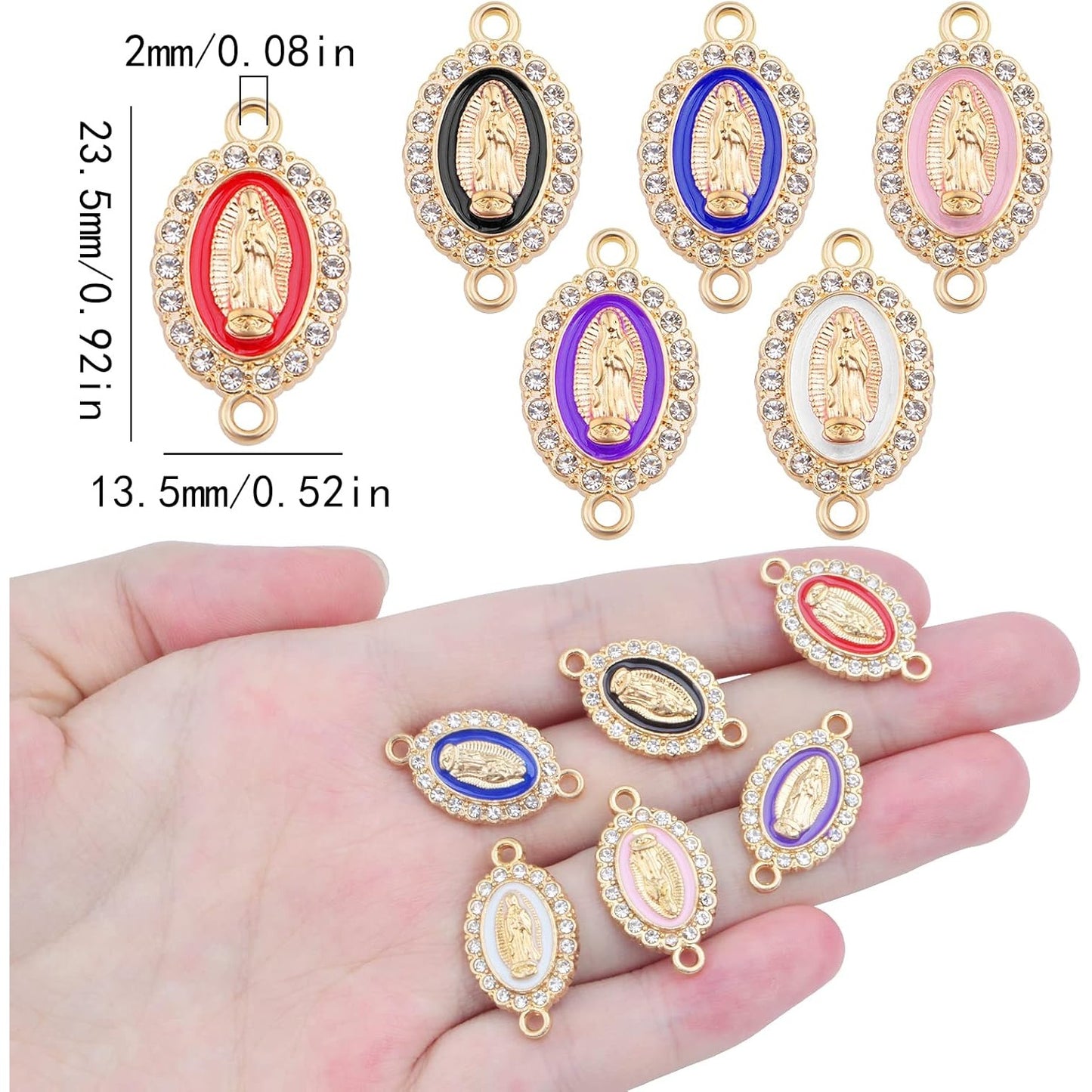 30pcs Alloy Enamel Virgin Mary Charms Links Rhinestones Our Lady Miraculous Medal Charms Crucifix Connection Bracelet Pendant for DIY Necklace Jewelry Making, 6 Colors