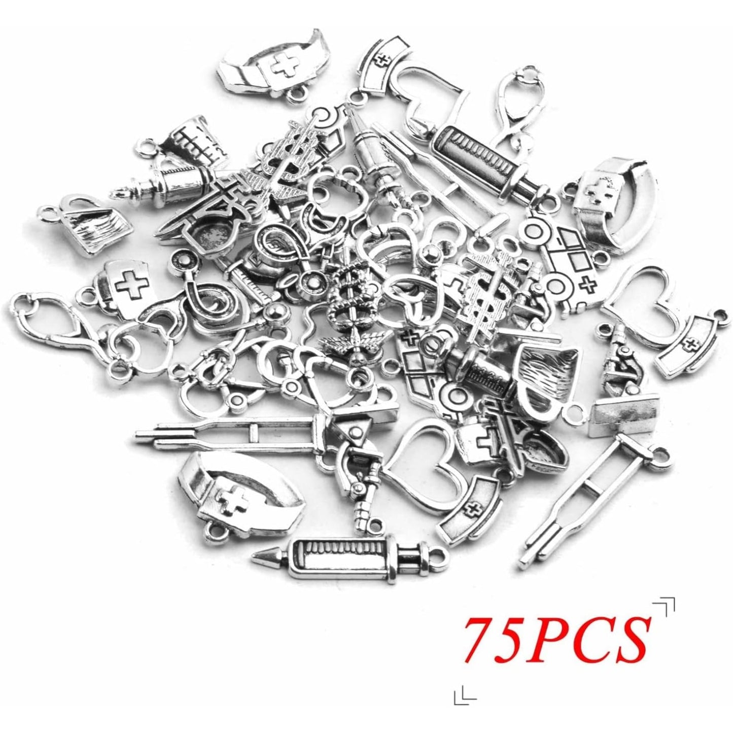 75pcs Antique Silver Medical Nurse Charms Stethoscope Ambulance Syringe Nurse Cap Hat Pendants Medical Theme Charms Craft Supplies for DIY Necklace Jewelry Making Accessory