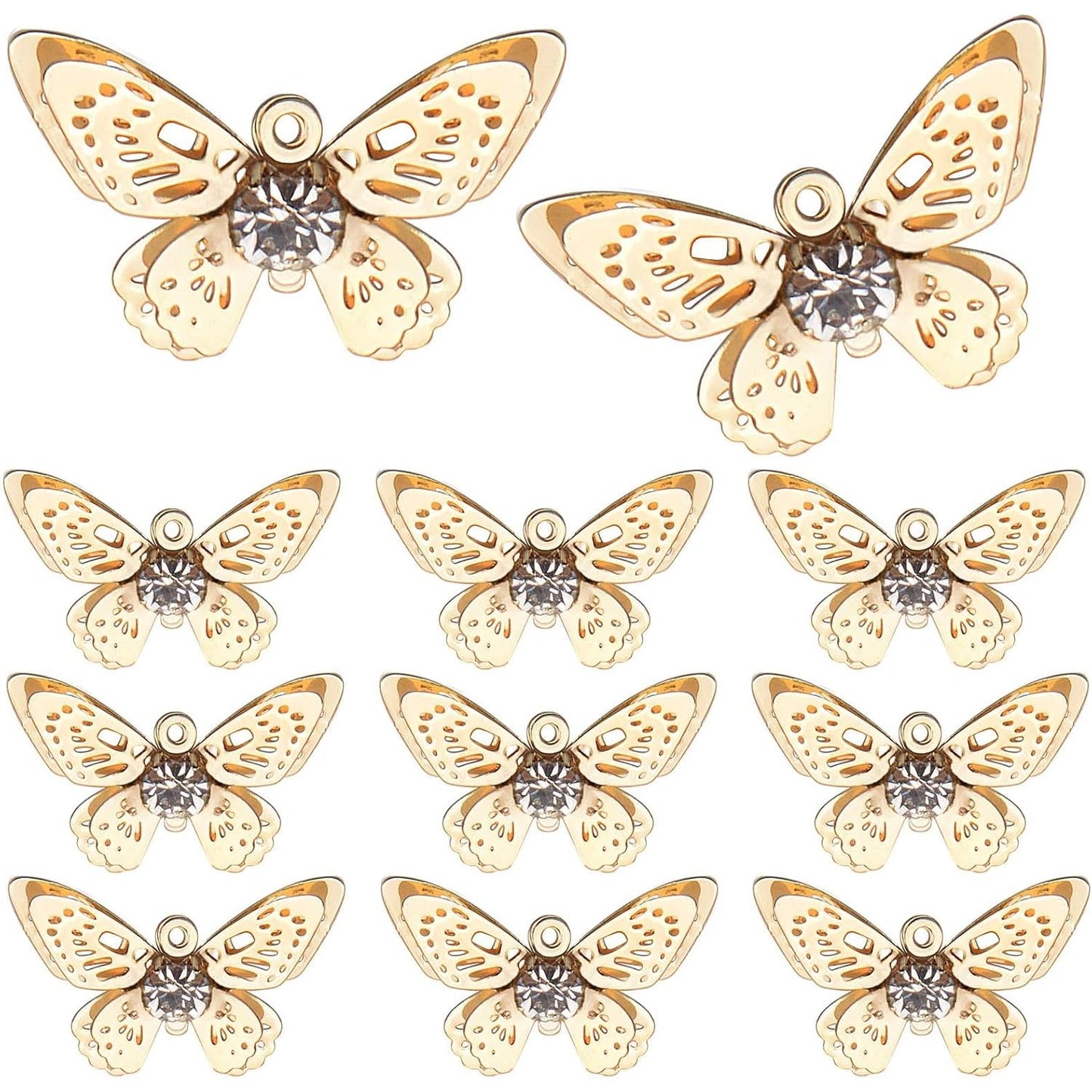 12pcs Golden Hollow Butterfly Insect Charms with Rhinestone Alloy Diamond Butterfly Animal Pendants with a Plastic Box DIY Necklace Earrings Jewelry Making Decor