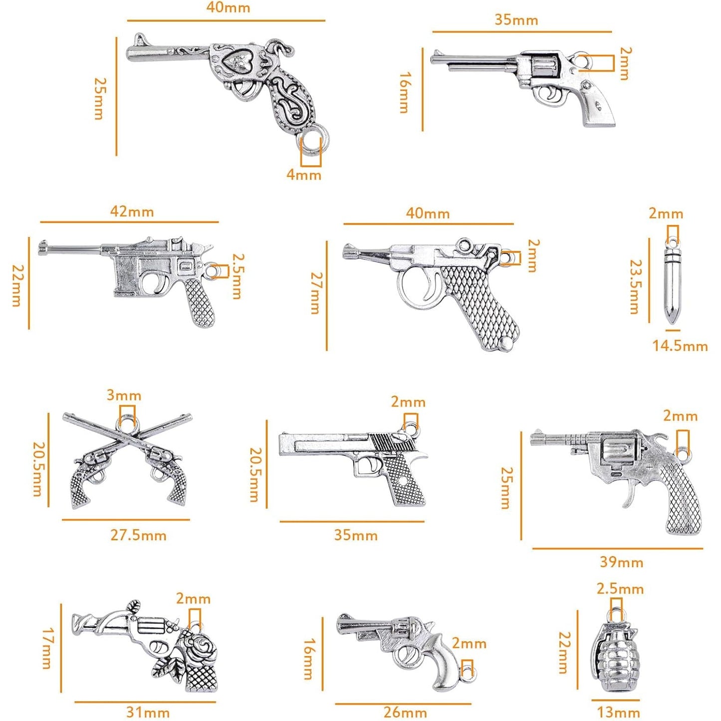 Gun Charms Collection, 100 Gram Antique Silver Mixed Pistol Gun Weapon Bullet Pendant Charms with a Box for DIY Necklace Bracelet Keychains Jewelry Making Supplies