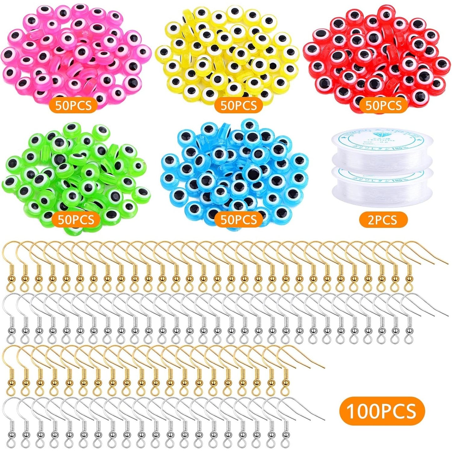 250pcs 8 mm Colorful Evil Eye Beads Round Resin Evil Eye Beads with 100pcs French Earring Hooks and 2 Roll of Crystal Thread Kits for DIY Bracelet Earrings Jewelry Making Findings