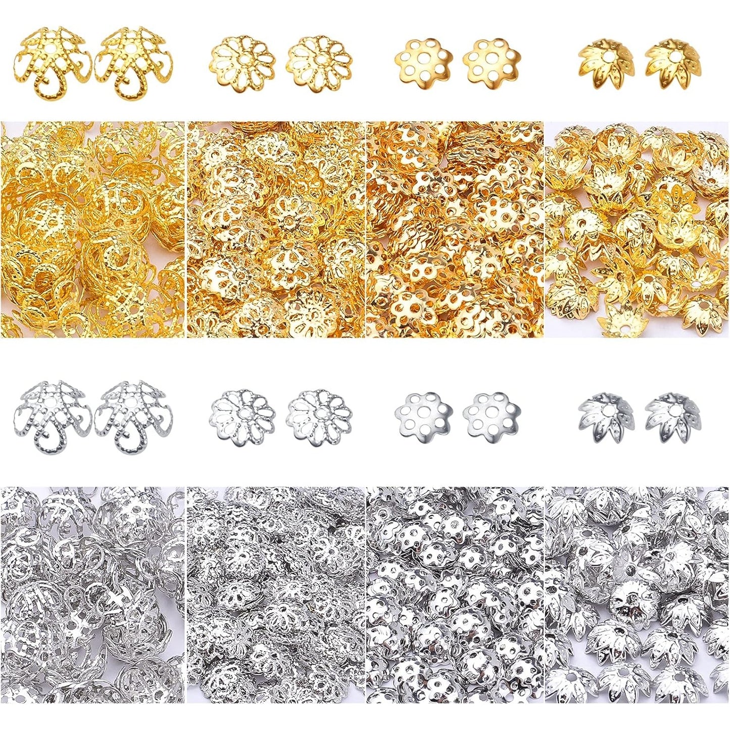 2000pcs Filigree Flower Bead Caps Alloy Hollow Spacer Beads Caps for DIY Charm Bracelet Earrings Craft Jewelry Making Supplies Birthday Christmas Party Favor Gifts, 4 Styles, 2 Colors