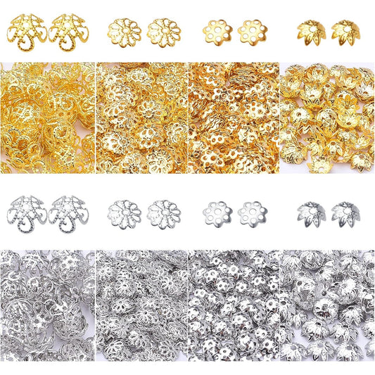 2000pcs Filigree Flower Bead Caps Alloy Hollow Spacer Beads Caps for DIY Charm Bracelet Earrings Craft Jewelry Making Supplies Birthday Christmas Party Favor Gifts, 4 Styles, 2 Colors