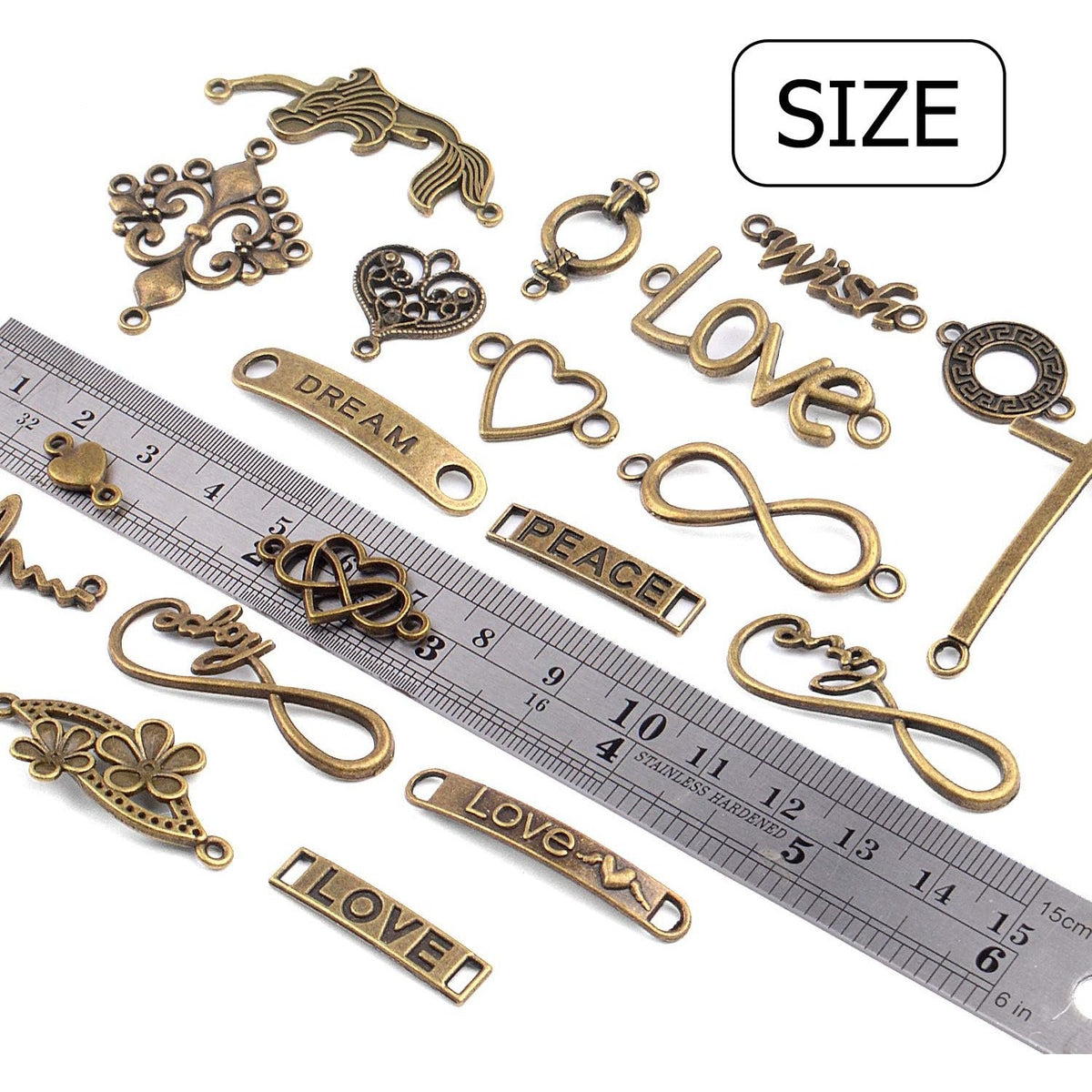 Words Connector Charms, 50 Pieces Mixed Word Letter Connector Pendant Infinity Symbol Link Charms for DIY Necklace Bracelet Jewelry Making - Antique Bronze
