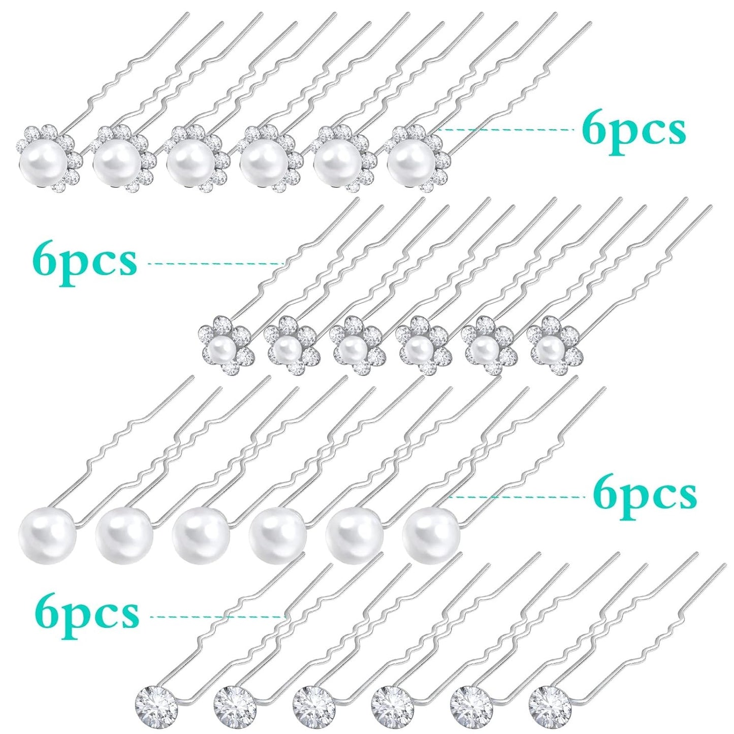 24pcs Silver Pearl Hair Pins Headpiece Metal U-shaped Rhinestone Flower Embellished Bobby Pins Bridal Hair Accessories for Women Girls Bride Bridesmaid Wedding, 4 Styles
