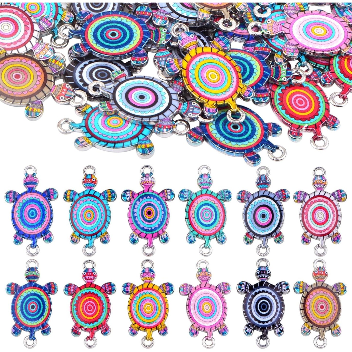 36pcs Colorful Ocean Animal Sea Turtle Charm Connectors Alloy Sea Life Tortoise Shape Pendants with Double Holes for DIY Necklace Bracelet Crafts Jewelry Making