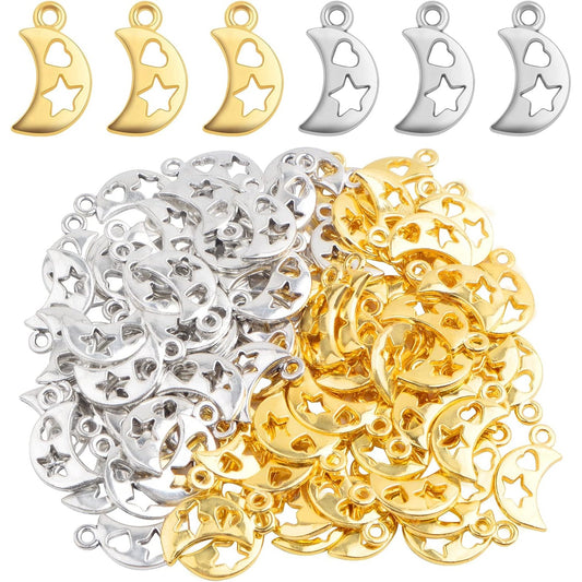 100pcs Hollow Crescent Moon Pendant Charms Tibetan Alloy Double-sided Smooth Moon Star Love Dangle Pendants for DIY Bracelet Necklace Earrings Jewelry Making, 2 Colors