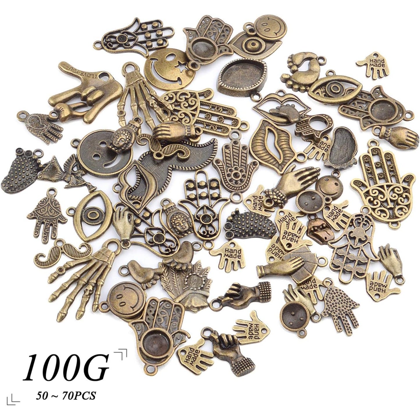 Human Body Parts Charms Collection, 100g(About 50-70 Pieces) Vintage Hand Eye Footprint Moustache Tooth Lip Smile Face Pendants for DIY Jewelry Hand Made Craft, Antique Bronze