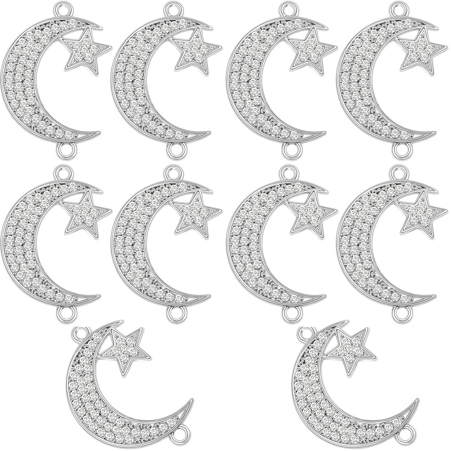 10 Pieces Crescent Moon and Star Charms Connectors with Rhinestone Alloy Moon Dangle Pendants with Double Loops for DIY Necklace Earrings Jewelry Making Supplies, 2 Colors