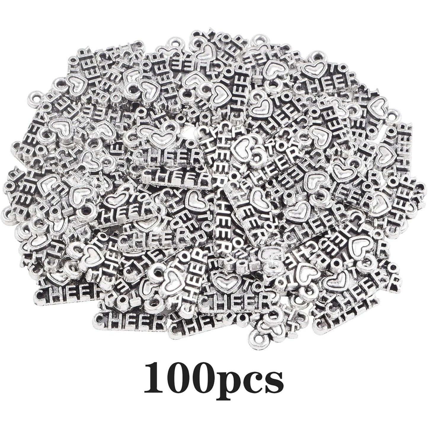 100pcs Antique Silver I Love to Cheer Charms Vintage Alloy Love Cheer Pendants Sport Cheerleader Dangle Charms for DIY Necklace Bracelet Jewelry Supplies Cheerleading Gifts