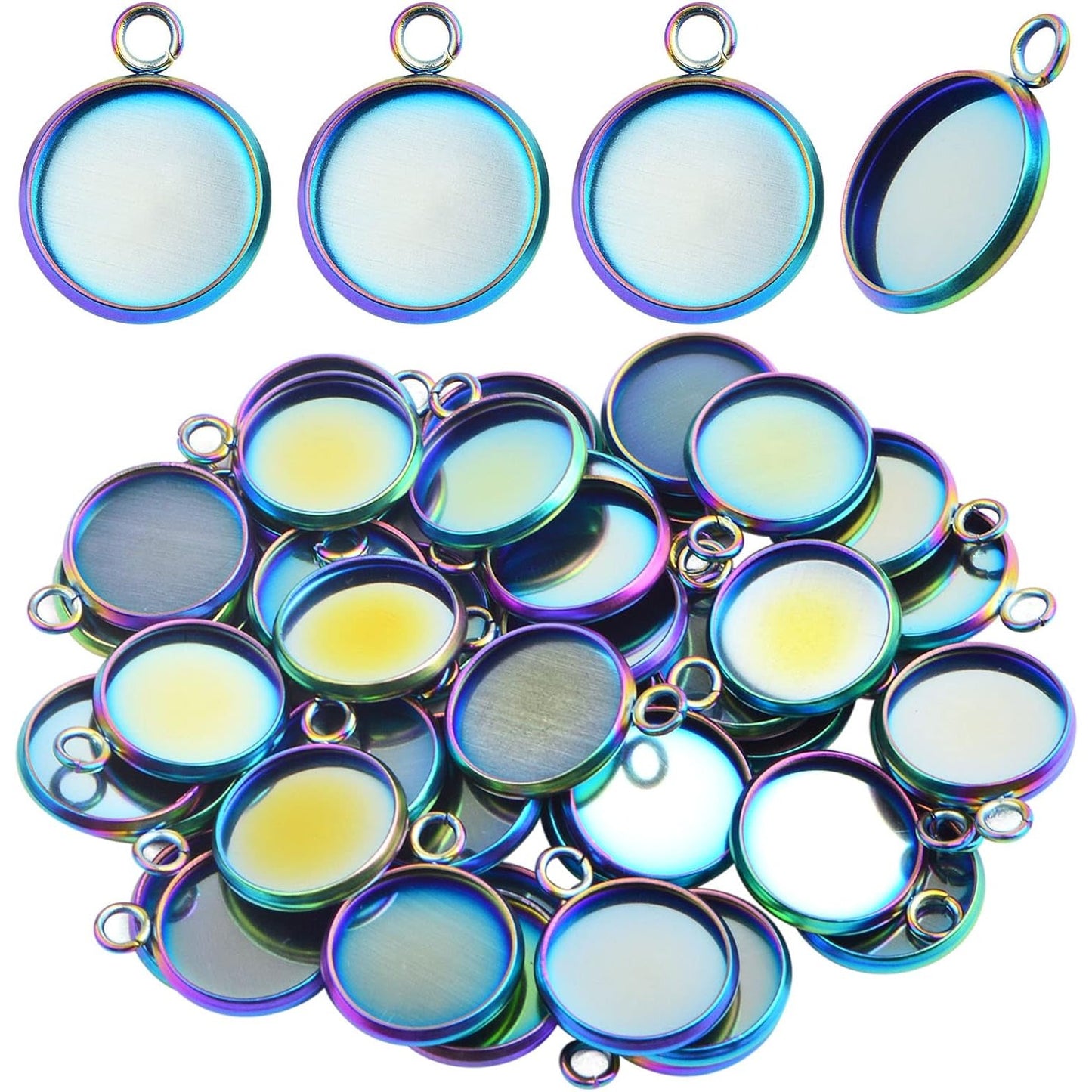 50 Pieces Stainless Steel Pendant Trays Cabochon Settings Fit 12 mm Round Blank Bezel Trays Pendant for DIY Necklace Earrings Jewelry Craft Making, Rainbow Color