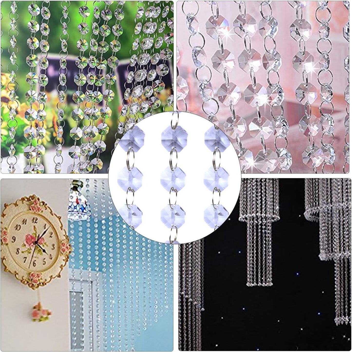100Pcs 14mm Clear Crystal Octagon Beads with 100Pcs Stainless Curtain Rings Jump Rings Key Rings for Chandelier Prisms Curtain Parts Jewelry Making