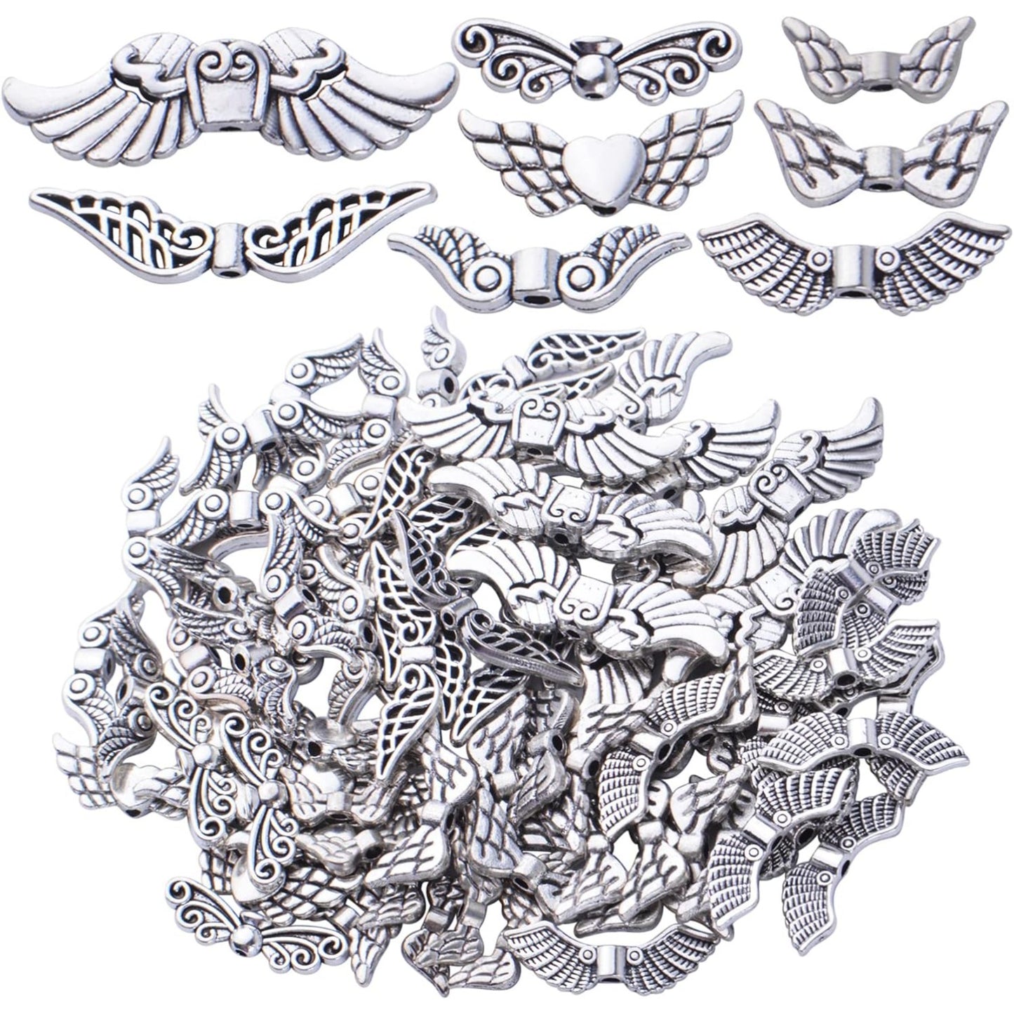 Antique Silver Angel Wing Spacer Beads - Tibetan Alloy Fairy Wing Charm Beads for DIY Necklace & Bracelet Making, 8 Styles