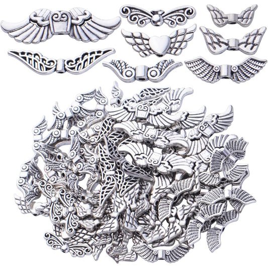 Antique Silver Angel Wing Spacer Beads - Tibetan Alloy Fairy Wing Charm Beads for DIY Necklace & Bracelet Making, 8 Styles