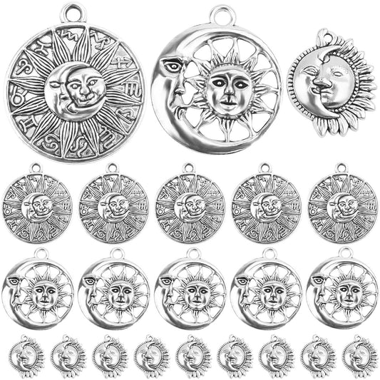 30pcs 3 Styles Sun and Moon Charms Vintage Alloy Sun Smile Face Pendants Celestial Dangle Charms for DIY Necklace Crafts Jewelry Making, Antique Silver