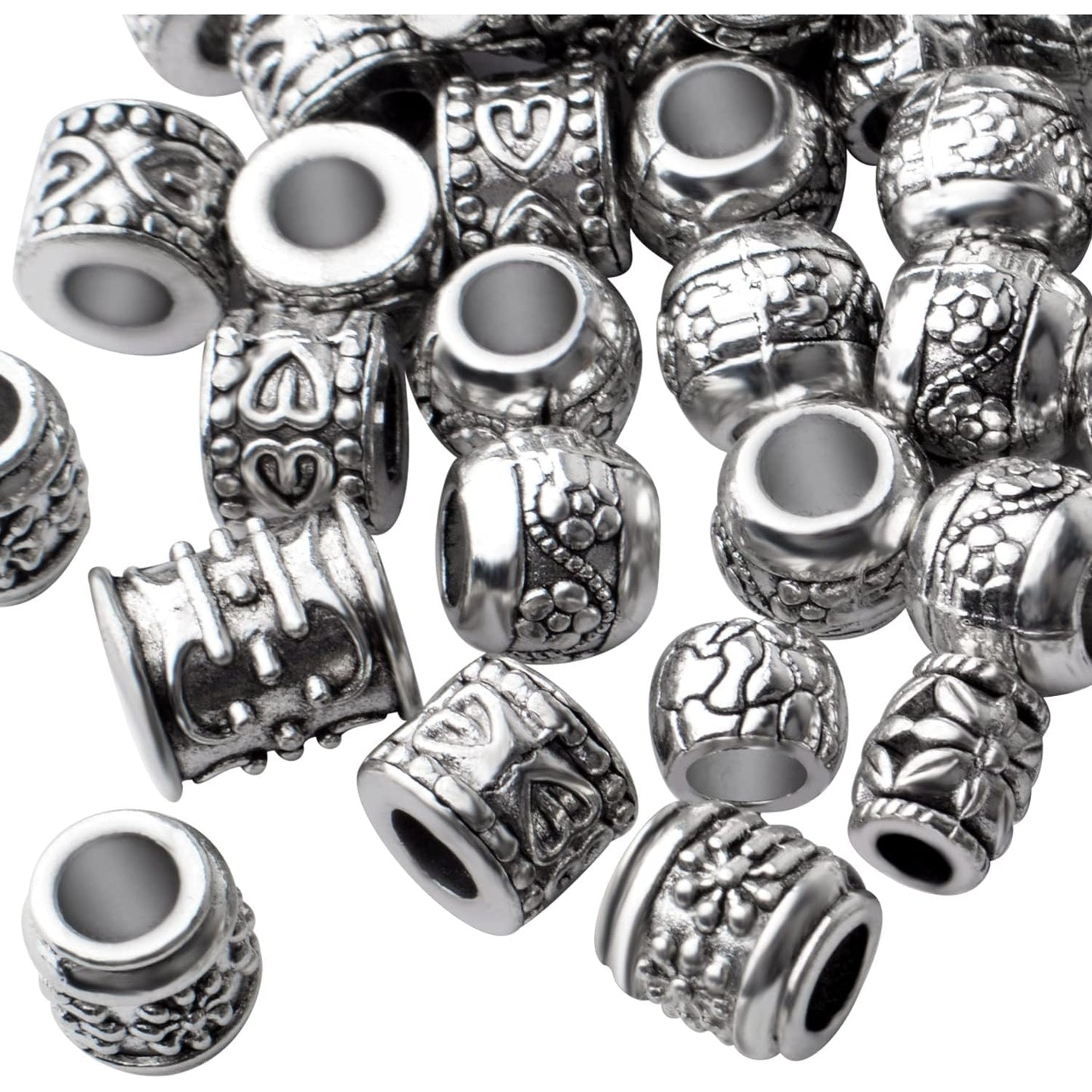 Large Hole Spacer Beads,100g Antique Silver Mixed Styles Tube Bead Spacers Tibetan Alloy Column Barrel Round Spacers Loose Beads for DIY Jewelry Bracelet Crafts Making Supplies