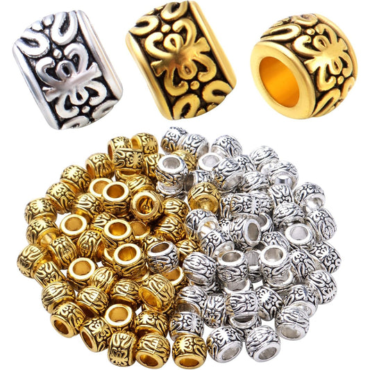 100pcs Barrel Spacer Beads European Large Hole Beads Tibetan Alloy Column Loose Charm Beads with Exotic Patterns for DIY Bracelet Crafts Jewelry Making Supplies, 2 Colors, Hole: 4 mm