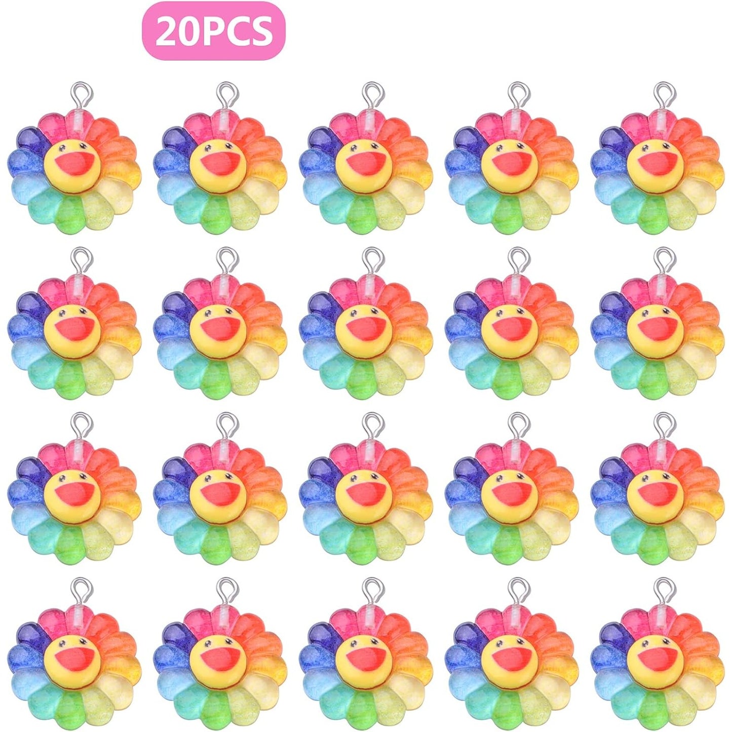 20pcs Smiley Face Sunflower Charms Pendants Resin Rainbow Flower Charms Jewelry Making Accessories for DIY Earrings Necklace Bracelet Keychains Craft Supplies, 28 mm x 22 mm