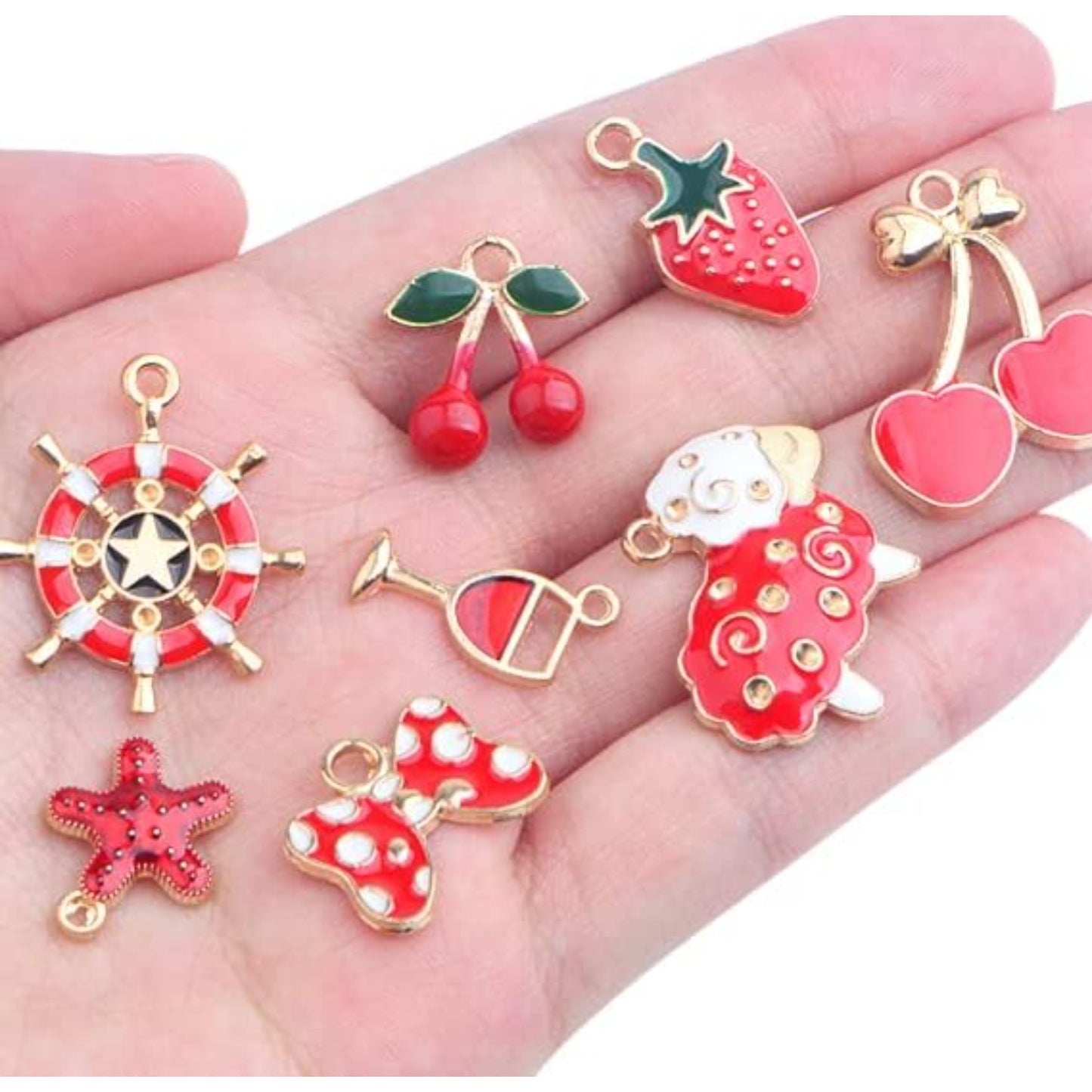 Enamel Charms,31pcs Red Theme Mixed Cute Enamel Charms Gold Plated Enamel Pendants Star Fruit Flower Charms for Making Jewelry Necklace Bracelet Earring