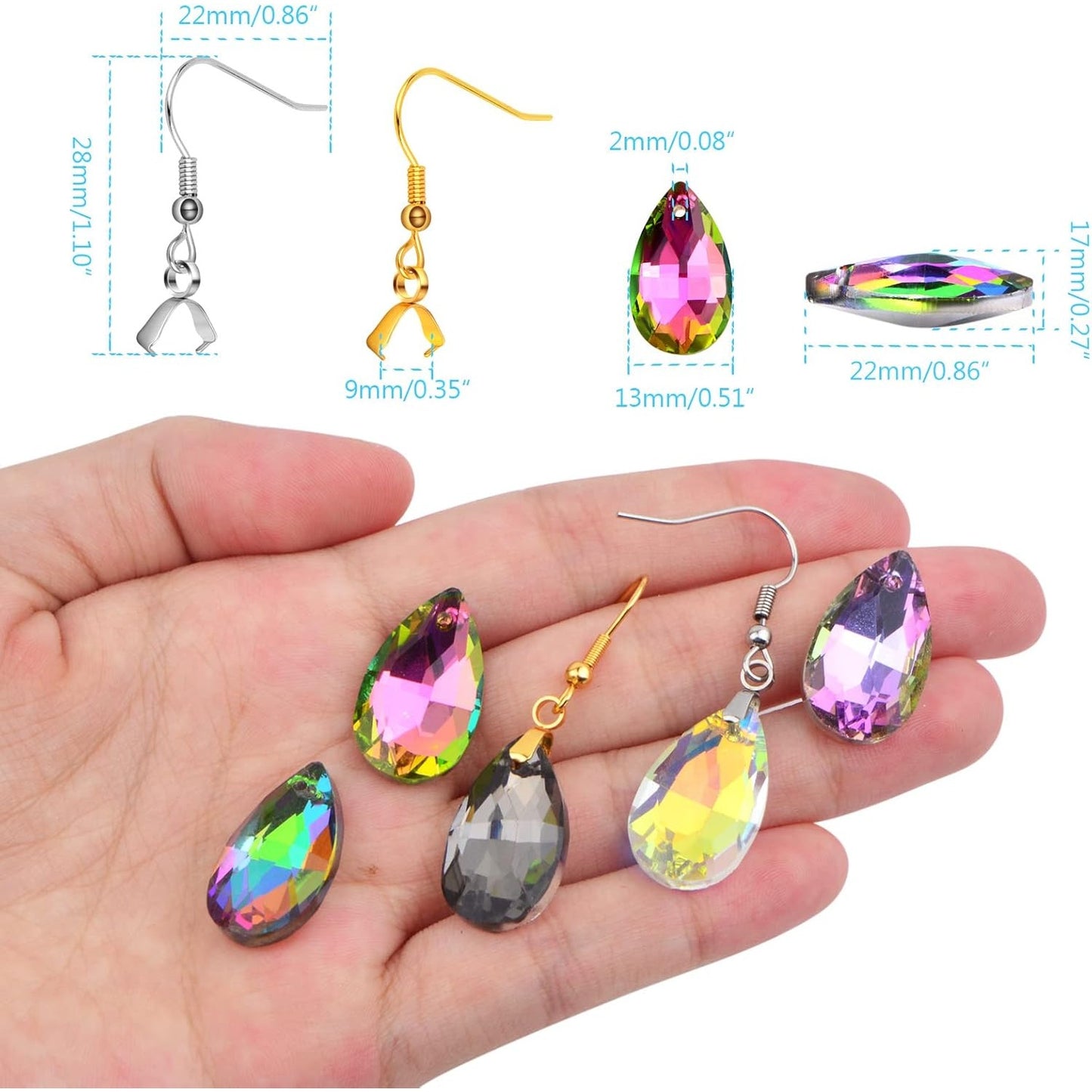 20pcs Hypoallergenic Earring Hooks Stainless Steel French Earwire Ear Ball Hooks with Pinch Bail Clasps and 20pcs Colorful Teardrop Crystal Pendants for DIY Earring Jewelry Making
