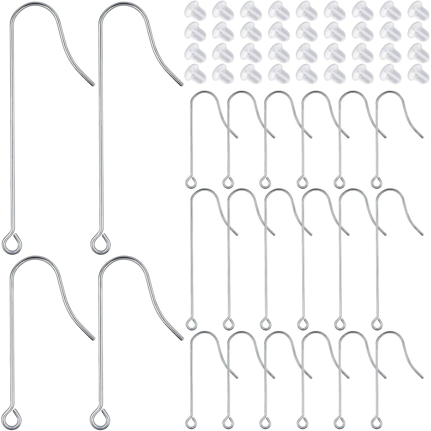 50pcs Stainless Steel Earring Hooks Hypoallergenic Ear Wire Hooks with Hanging Loop Earring Parts and 50pcs Clear Earring Backs for DIY Jewelry Making Supplies, 2 Sizes