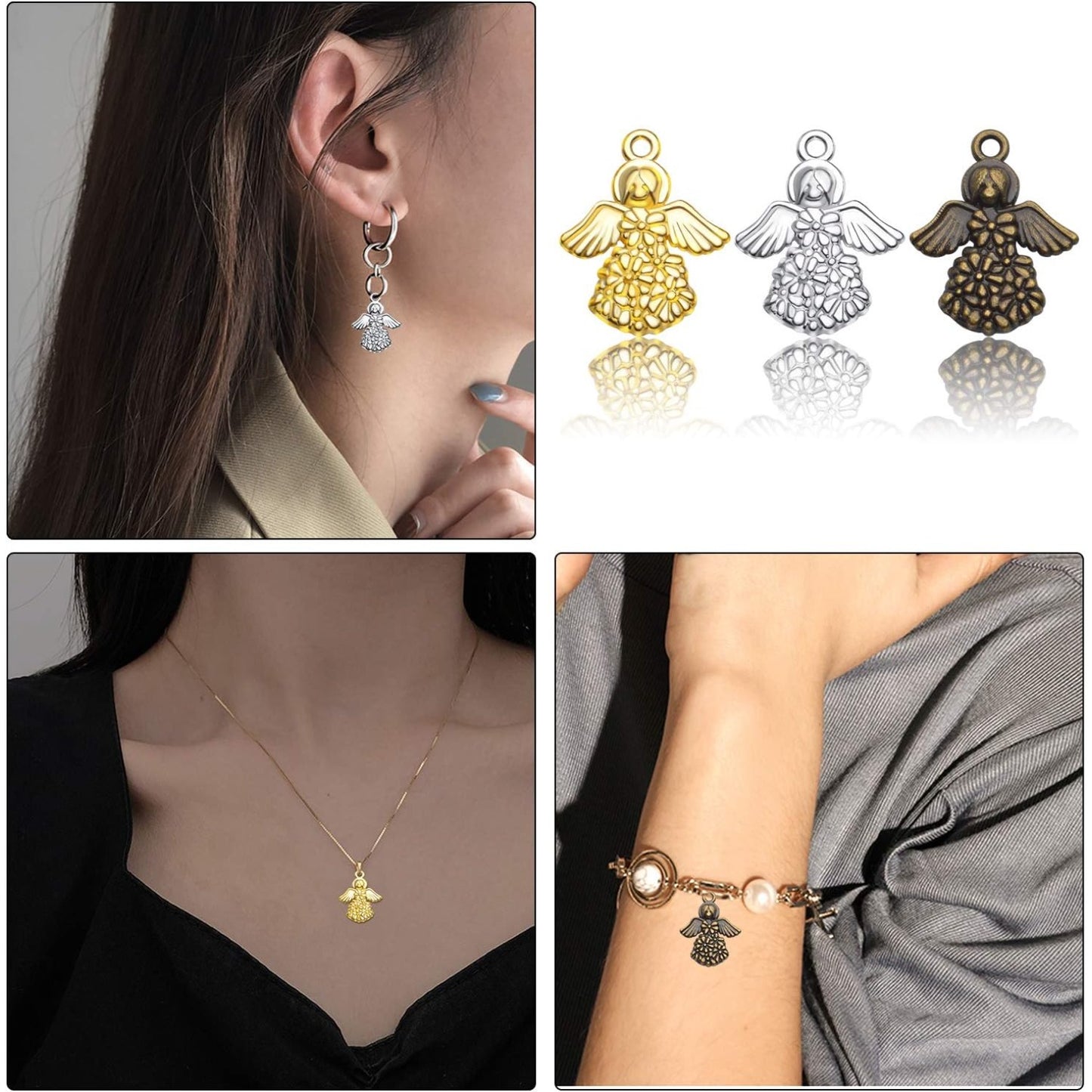 Angel Charms Pendant, 60pcs Tibetan Guardian Angel Charms Antique Alloy Angel Fairy Pendant Crafts Supplies for Necklace Bracelet Jewellery Making, Antique Bronze, Antique Silver, Golden