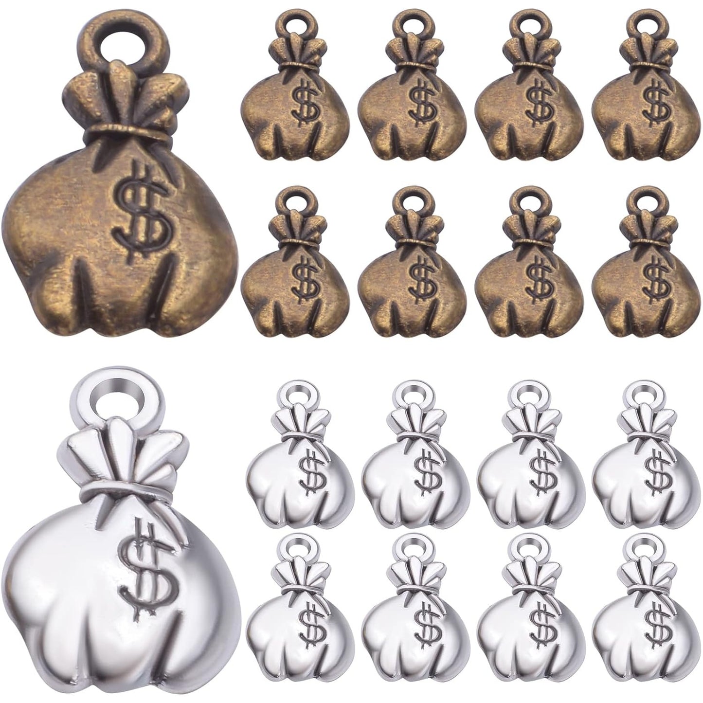 100pcs Mini US Dollar Sign Money Bag Charms Pendants Tibetan Alloy Dollar Money Charms Jewelry Making Accessories for DIY Earrings Bracelets Necklace, 2 Colors