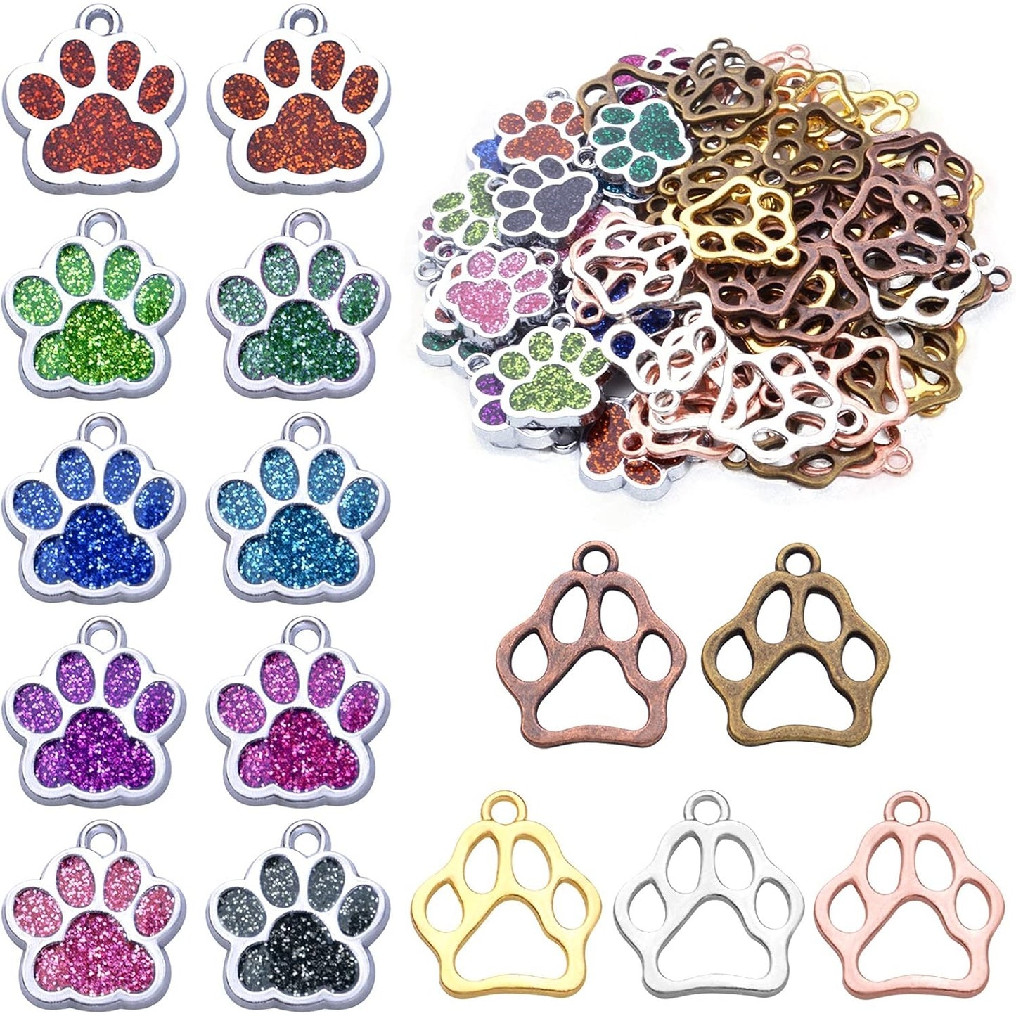 70pcs Alloy Paw Print Charms Enamel Glitter Dog Cat Bear Footprint Pendants Animal Paw Chunk Charms for DIY Necklace Bracelet Earrings Jewelry Making Birthday Party Favor Gifts