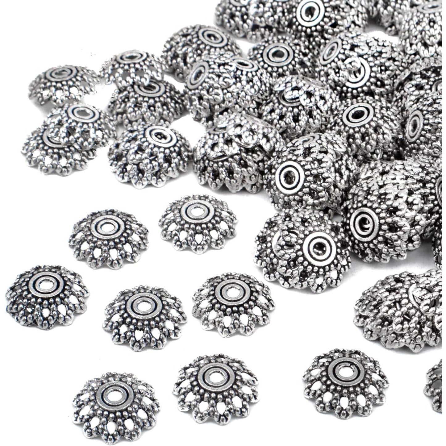 200pcs 12mm Flower Filigree Bead Caps Alloy Spacer Beads Caps Flower End Caps Loose Beads for Bracelet Necklace DIY Jewelry Making Crafts Supplies