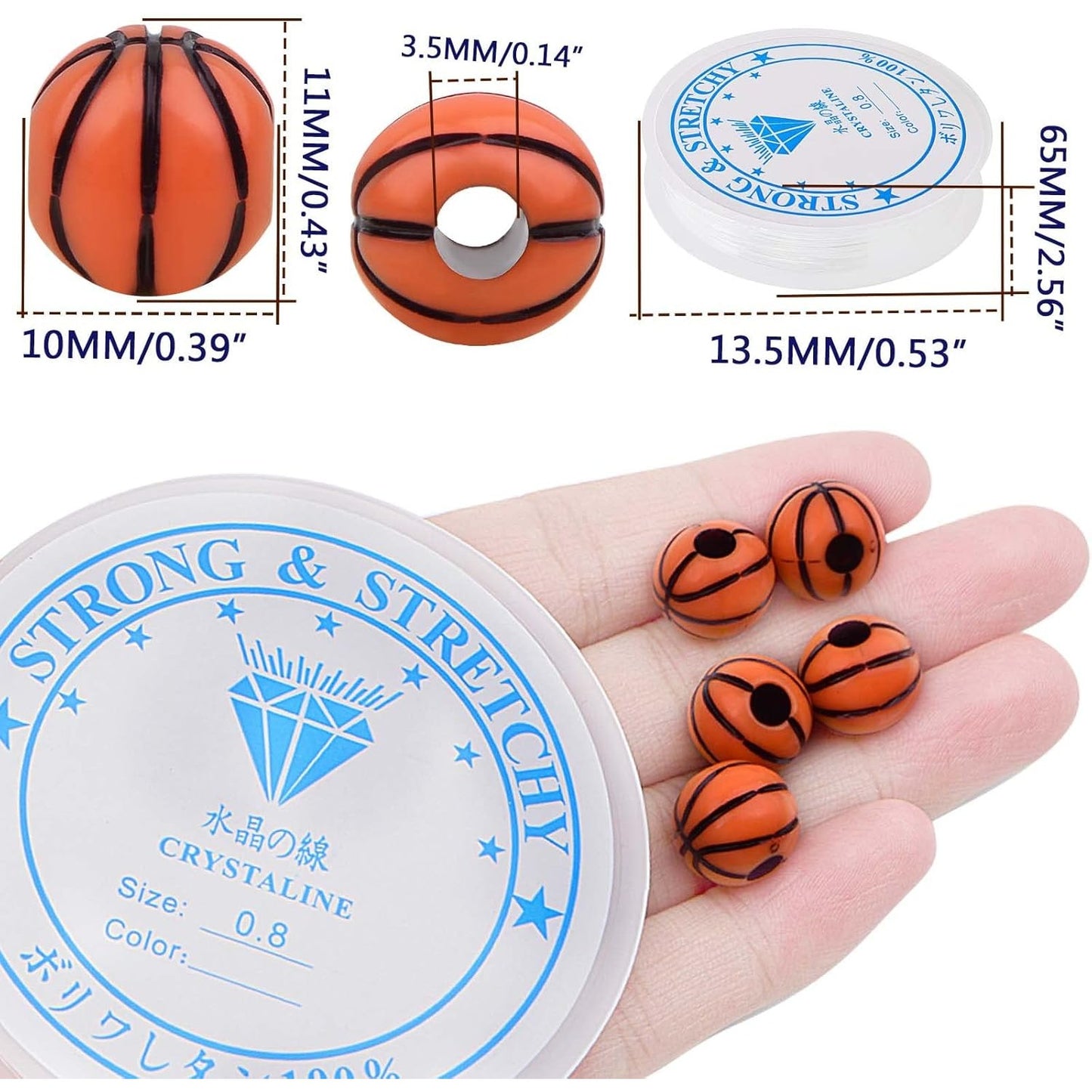 120pcs Basketball Spacer Beads Acrylic Sport Ball Loose Beads with A Roll of Crystal Wire Craft Accessories for DIY Friendship Bracelet Handmade Decoration Supplies