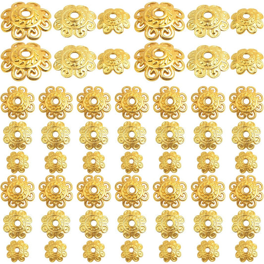 200pcs 8mm/10mm/12mm Tibetan Bead Caps Vintage Alloy Flower Bead End Caps Loose Spacer Beads Accessories for DIY Crafts Bracelet Necklace Jewelry Making, Bright Golden