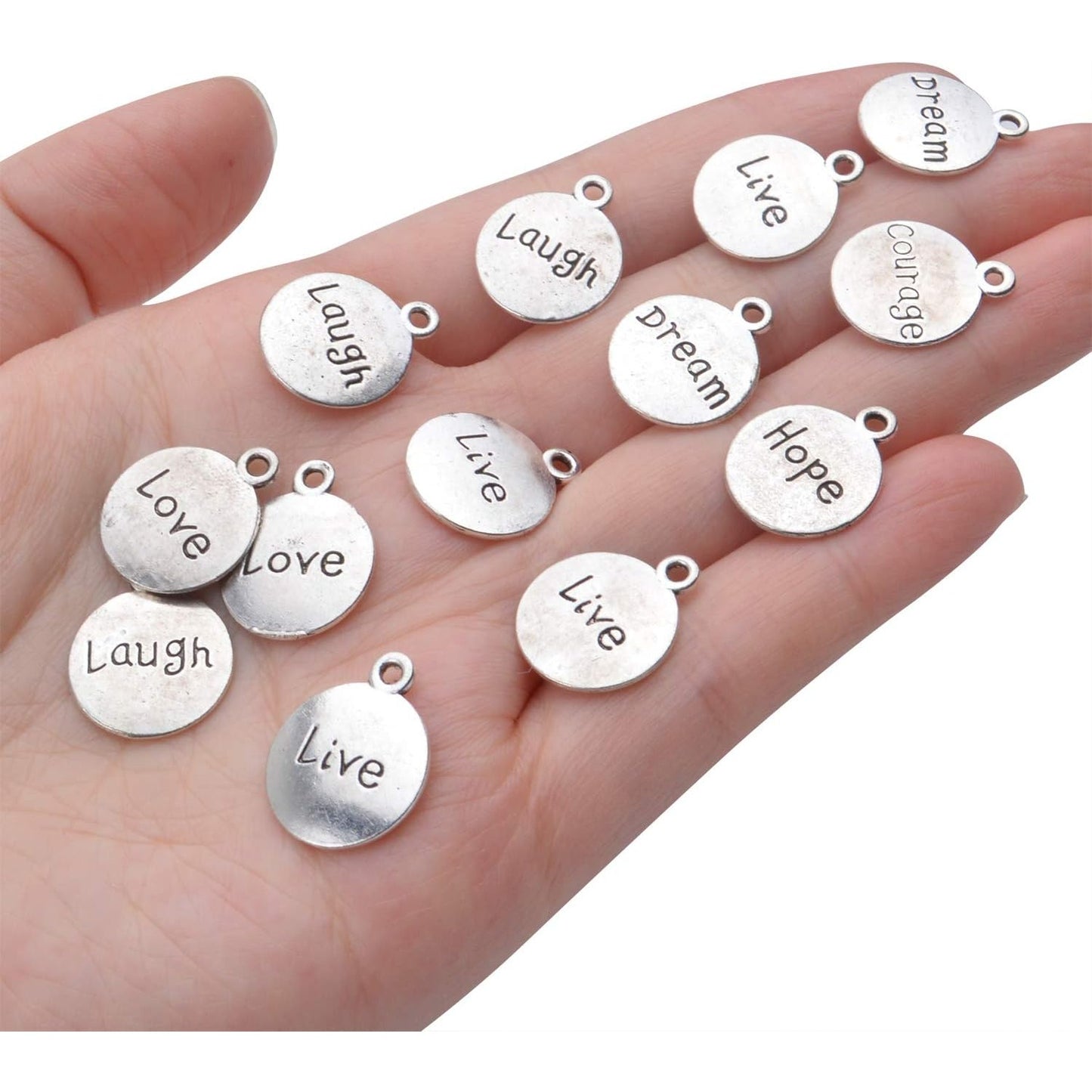 60pcs Inspirational Words Pendants Round Double-sided Lettering Charms Jewelry Findings for Crafting Necklace Bracelet,Antique Silver