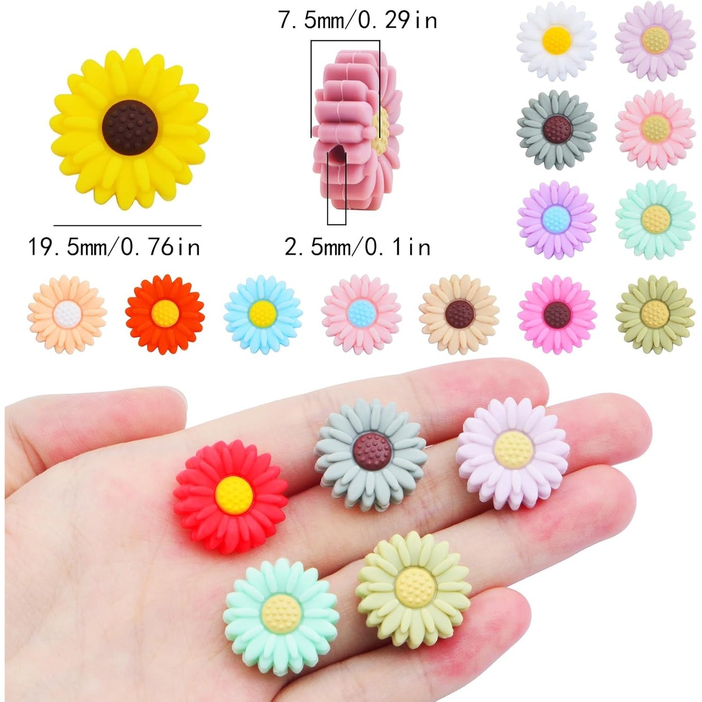 15pcs Daisy Flower Silicone Beads Colorful Soft Silicone Sunflower Spacer Beads Flower Shape Loose Beads Craft Accessories for DIY Necklace Bracelet Keychains Jewelry Making