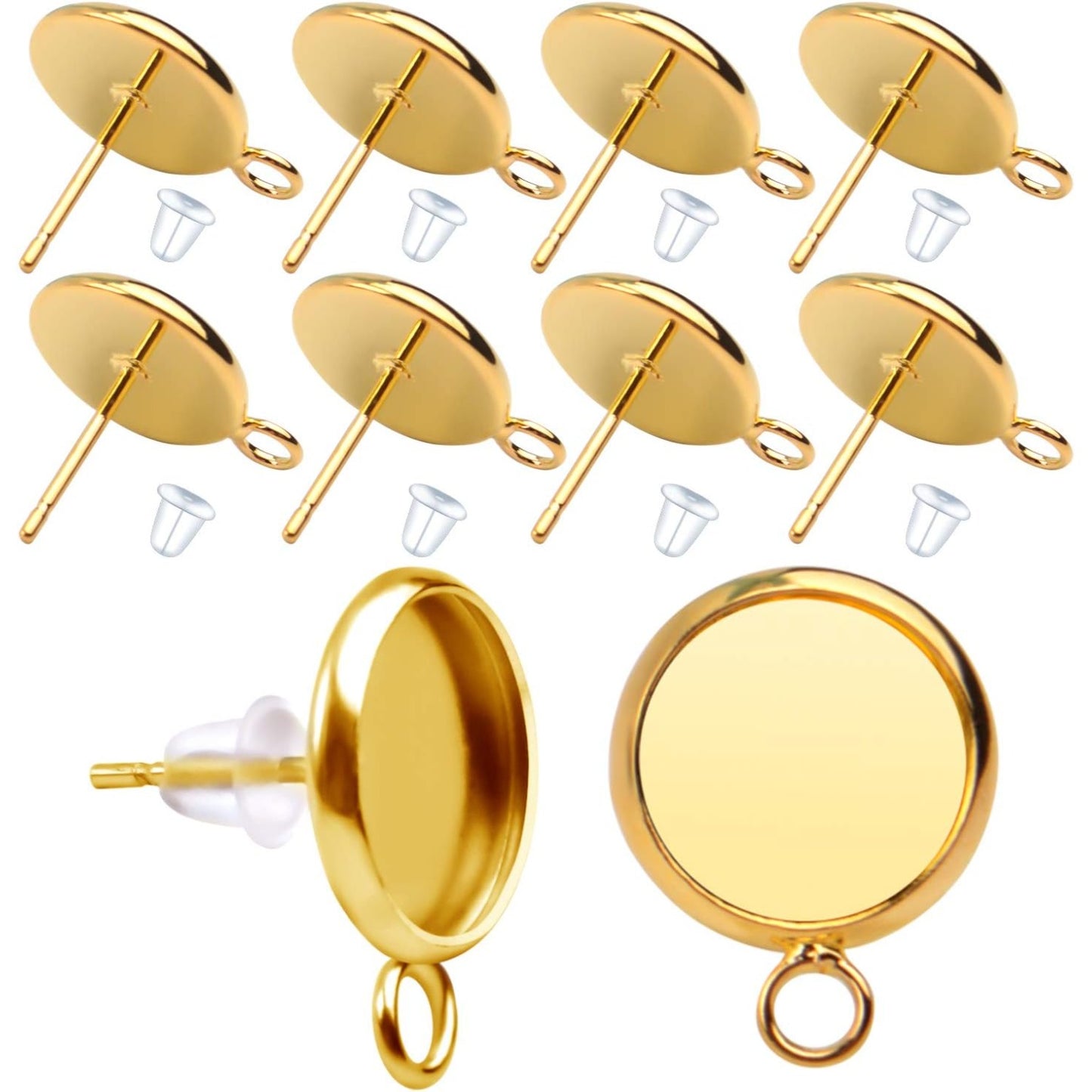 20 Pieces Cabochon Blank Earring Studs 10mm Ear Post and 20 Pieces Silicone Clear Ear Back for Earring Making (Gold)