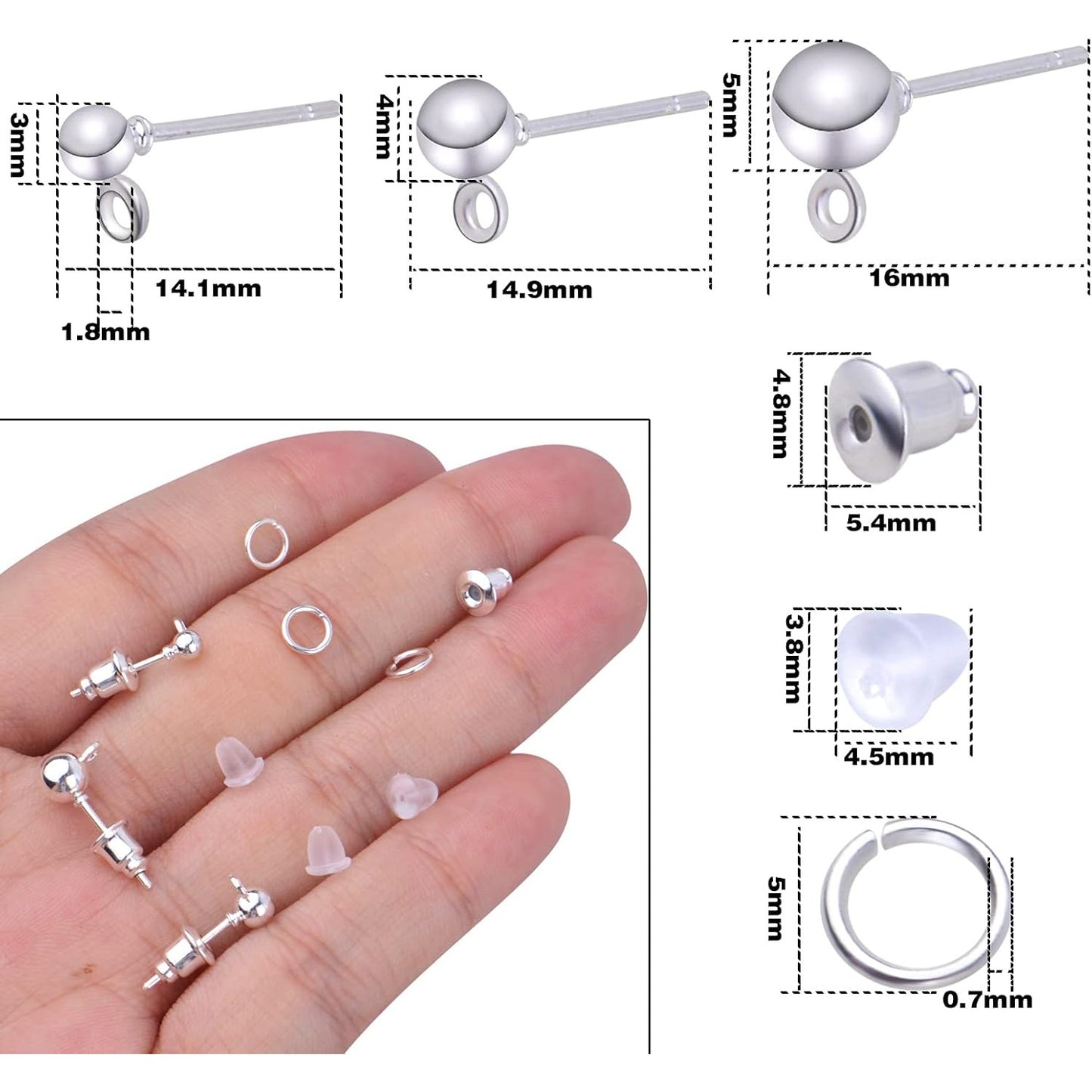 Earring Making Kit,150pcs Ball Post Earring Studs with 150pcs Metal Earring Backs,200pcs Clear Bullet Earring Backs and 200pcs Open Jump Rings,Round Ball Ear Pin with Loop for DIY Earrings Supplies