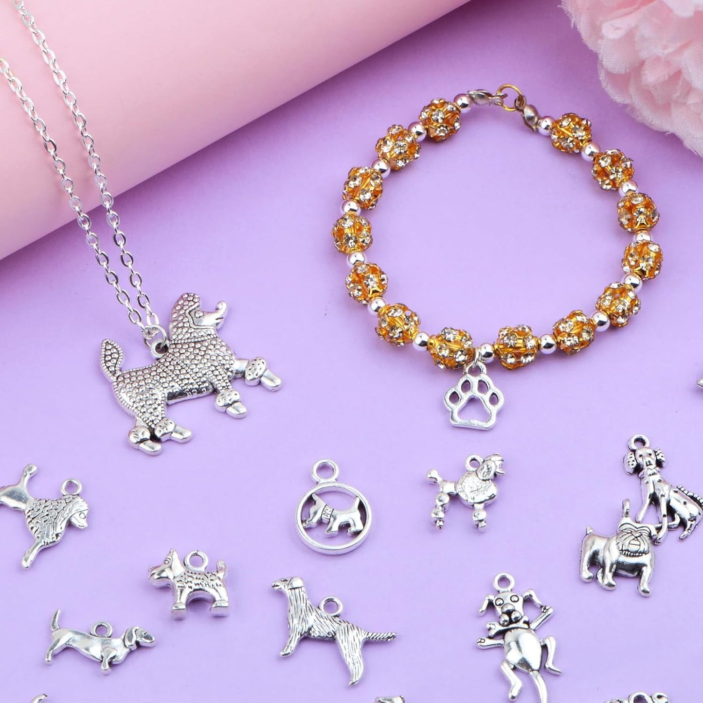 50 Styles Antique Silver Mixed Pet Dog Theme Charms Vintage Alloy Animal Puppy Dog Bone Paw Print Dangle Pendants for DIY Bracelet Necklace Jewelry Making Supplies