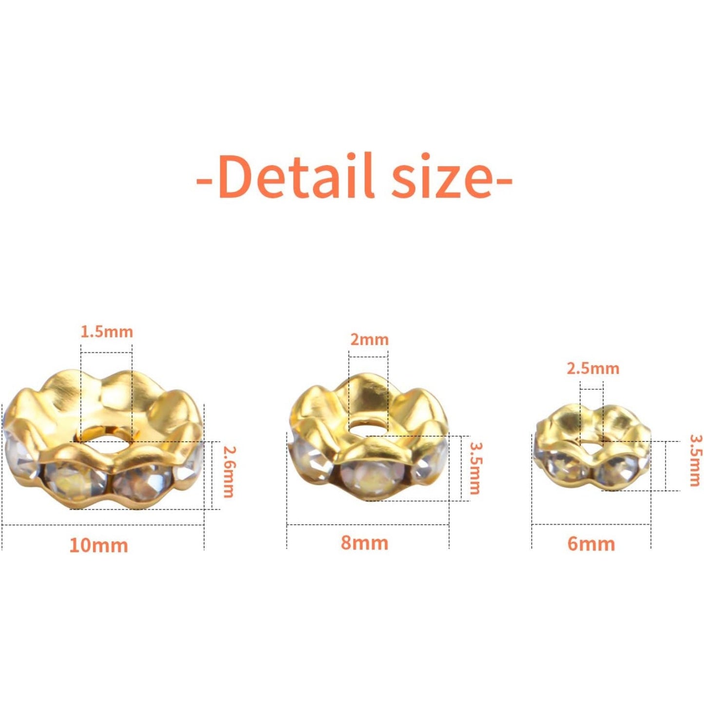 400pcs 3 Sizes Crystal Spacer Beads Loose Round Rhinestone Beads Rondelle for Bracelets Necklaces Jewelry Making,6mm/8mm/10mm,Gold