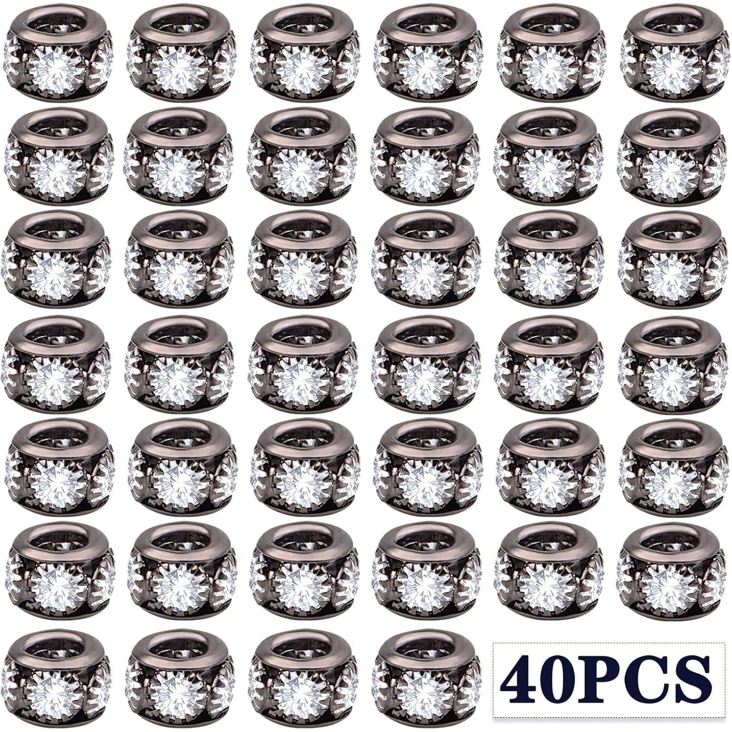 40pcs Large Hole Rhinestone Spacer Beads European Rondelle Loose Beads Accessories for DIY Bracelet Snake Chain Charm Jewelry Making Decor, Hole: 3.9 mm, Gun Black