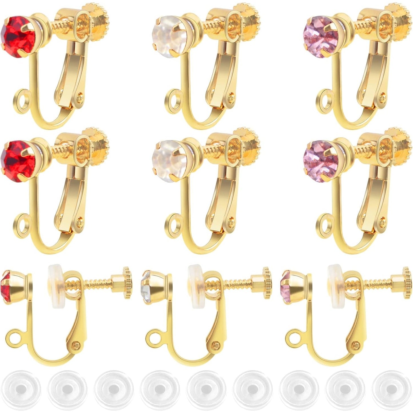 24pcs Brass Clip-on Earring Converters with Rhinestone Screw Back Earring Clips Components with Loop and 24pcs Comfort Earring Pads for Non Pierced Ears Jewelry Making, 3 Colors