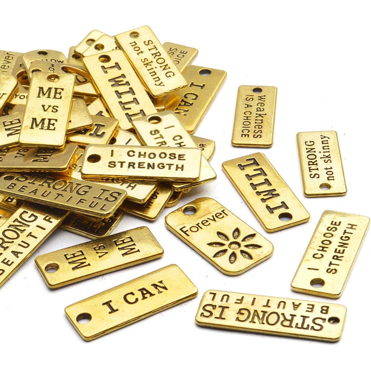 Word Pendants Charms,50pcs Inspiration Words Charms Golden Lettering Pendants Engraved Message Charm Craft Supplies for Jewellery Making DIY Necklace Bracelet Earrings,10 Styles
