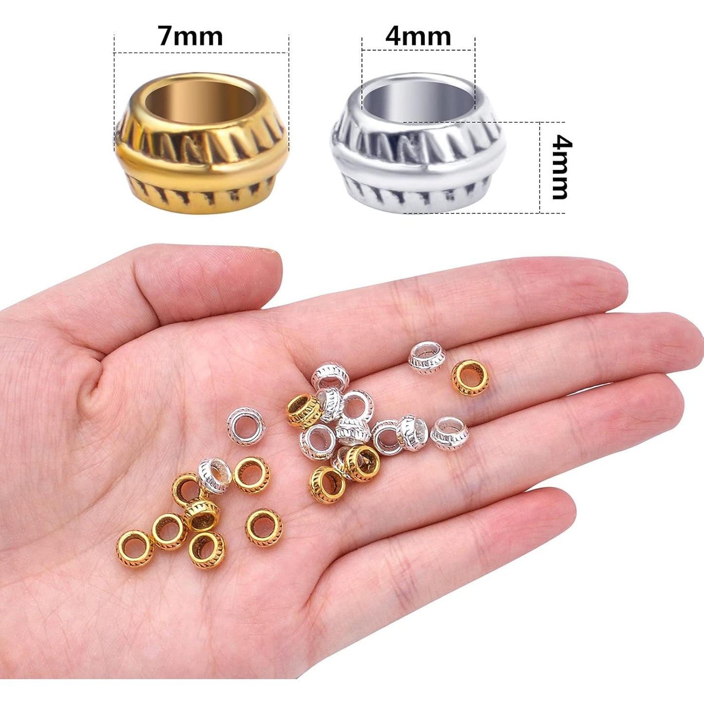 Large Hole Spacer Beads, 200pcs 7mm Round Beads European Alloy Spacer Bead Charms Craft Supplies for Bracelet Necklace Jewelry Making, Antique Gold, Antique Silver
