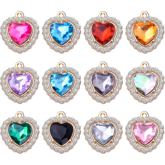 24pcs 12 Colors Rhinestone Heart Charms Cubic Zirconia Alloy Crystal Beads Pendants Charms for DIY Earrings Necklace Bracelet Crafts Jewelry Making Tiny Dangle Accessories