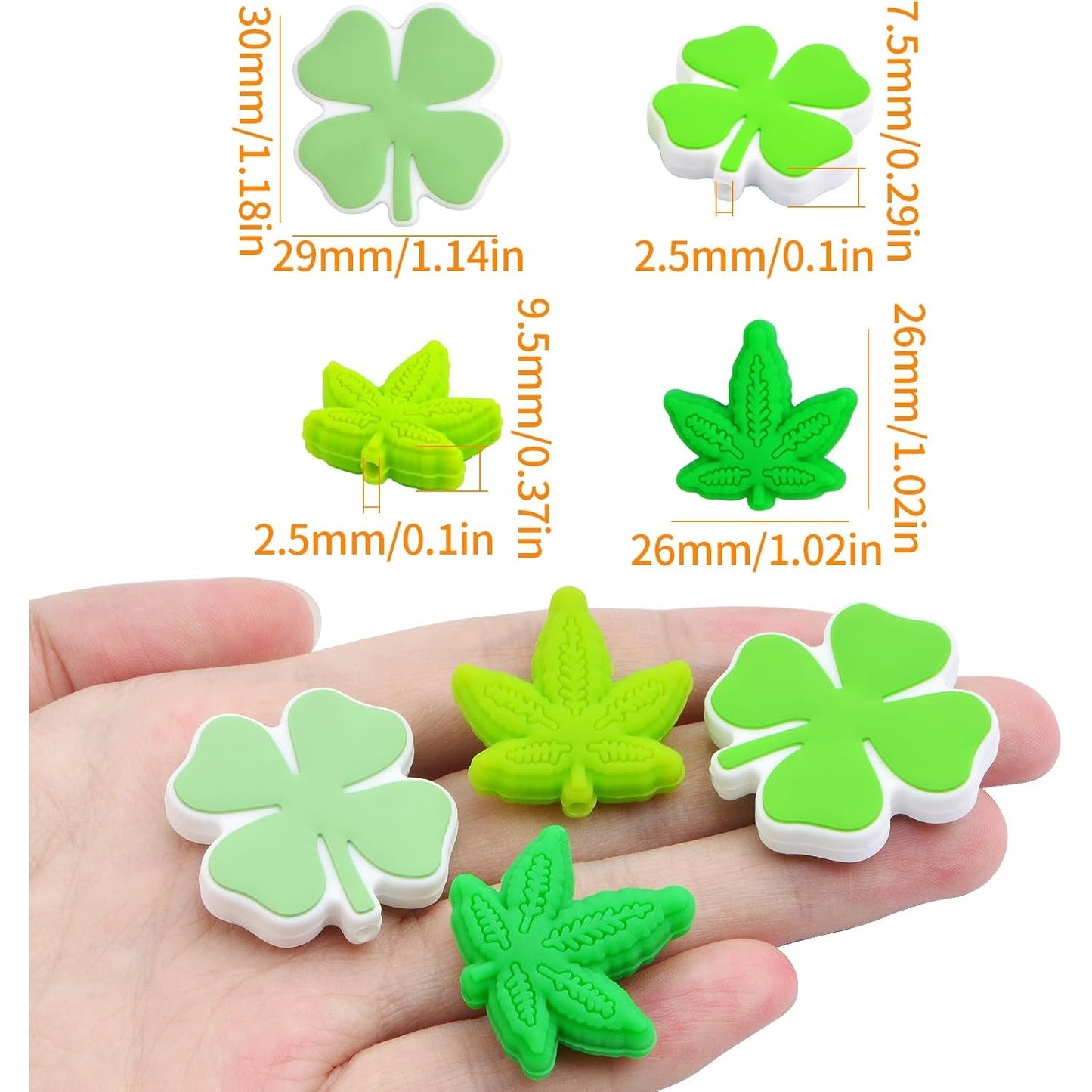 6pcs 2 Colors Maple Leaf Silicone Beads and 6pcs 2 Colors Four Leaf Clover Silicone Focal Beads Cartoon Plant Loose Beads Bulk for Pen Keychain Lanyards Necklace Bracelet Handicrafts