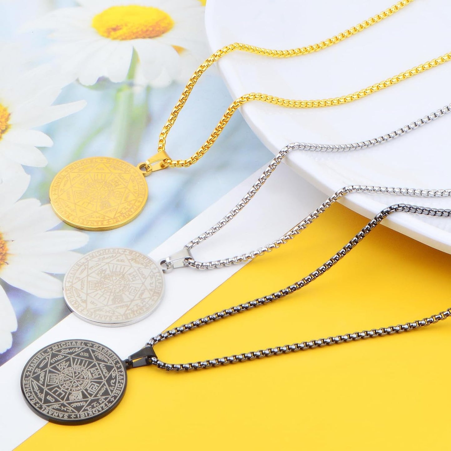 3pcs Archangels Pendant Necklaces - Stainless Steel Seven Princes of Heaven Seal of the Archangel Michael Coin Pendant Medal with Chain for Men and Women Protection Amulet