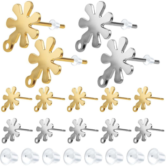 20pcs Stainless Steel Snowflake Earring Posts with Loops Hypoallergenic Stud Earrings with 20pcs Clear Earring Safety Backs for DIY Jewelry Making Findings, 2 Colors