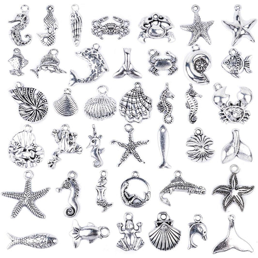 40 Pieces Mixed Antique Silver DIY Ocean Fish & Sea Creatures Charms Pendants for Making Bracelet and Necklace
